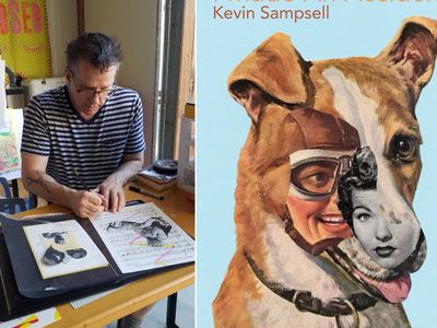 Kevin Sampsell works on a collage in 2018 (left), cover of I Made an Accident (right)&nbsp;