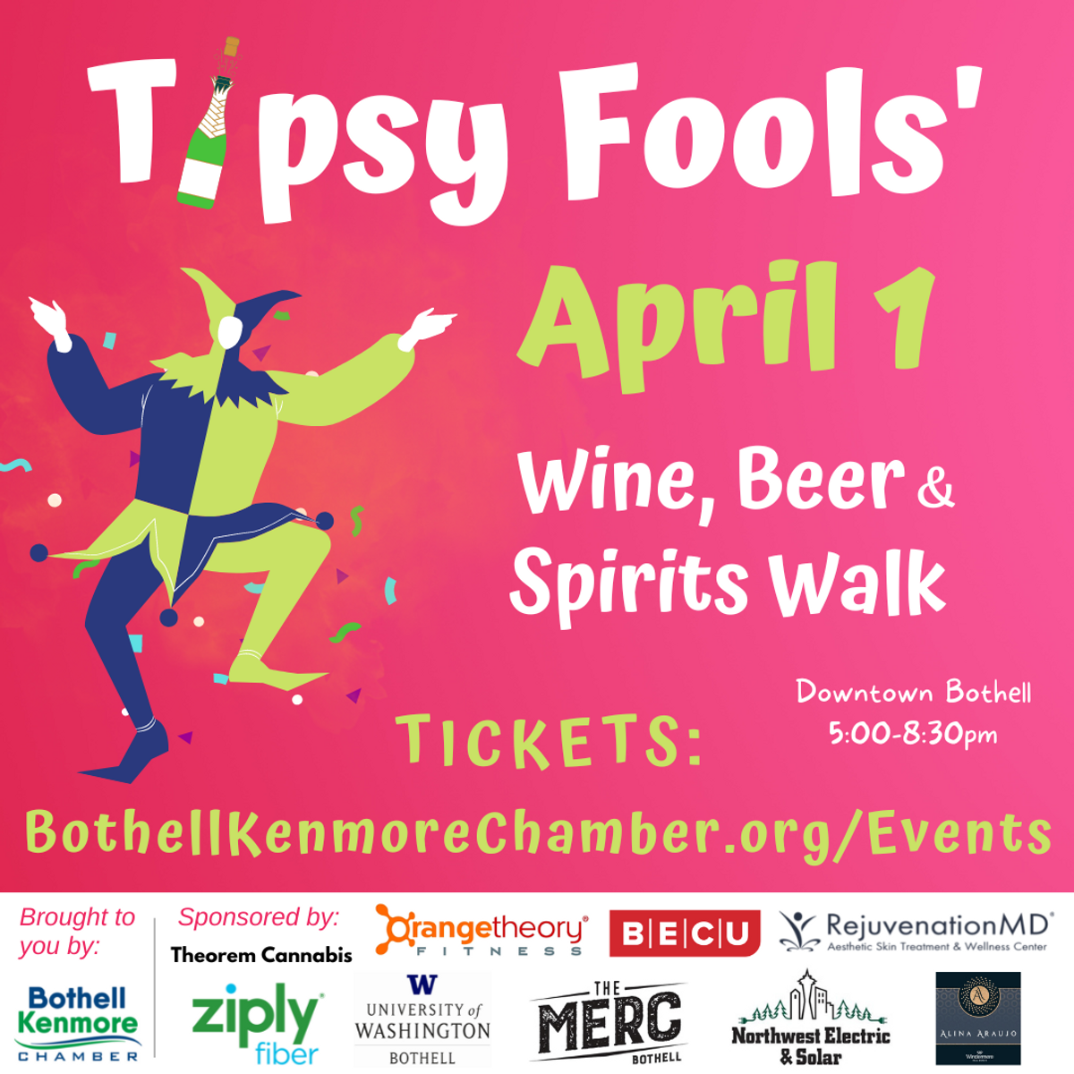 Tipsy Fools' Wine, Beer & Spirits Walk at Downtown Bothell in Bothell, WA Saturday, April 1