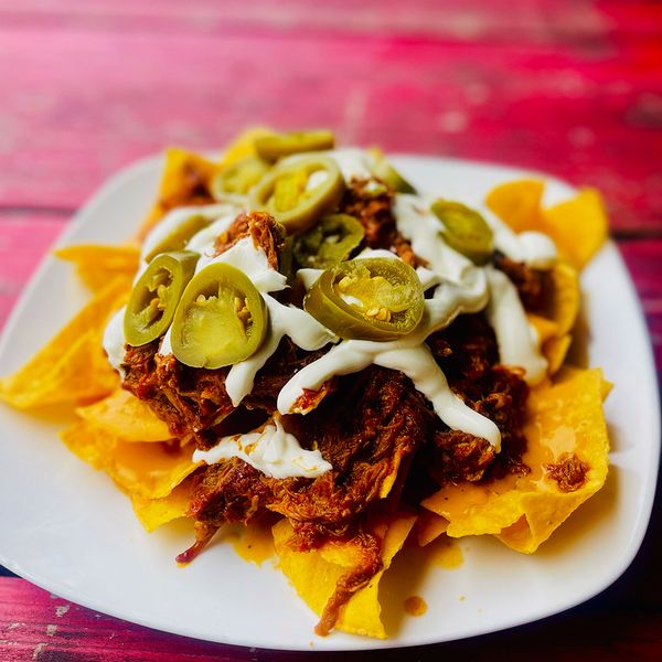 Guajillo Braised Pork Nacho at Moreland Ale House in Portland, Oregon