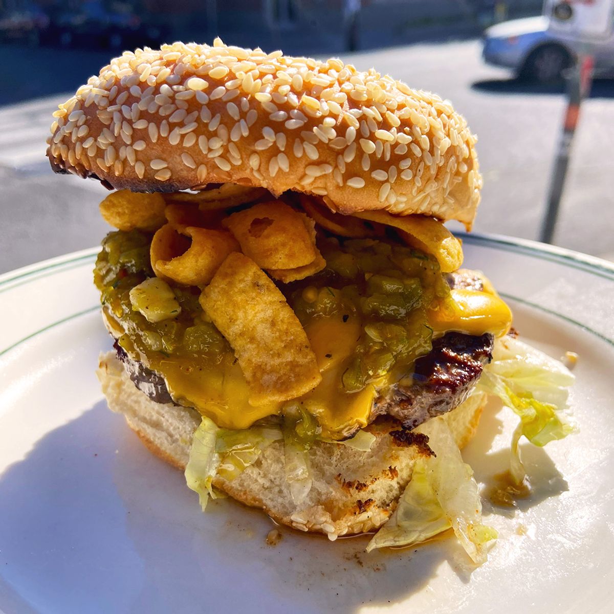Green Chili Cheese Burger at Grand Fir Brewing in Portland, OR Every