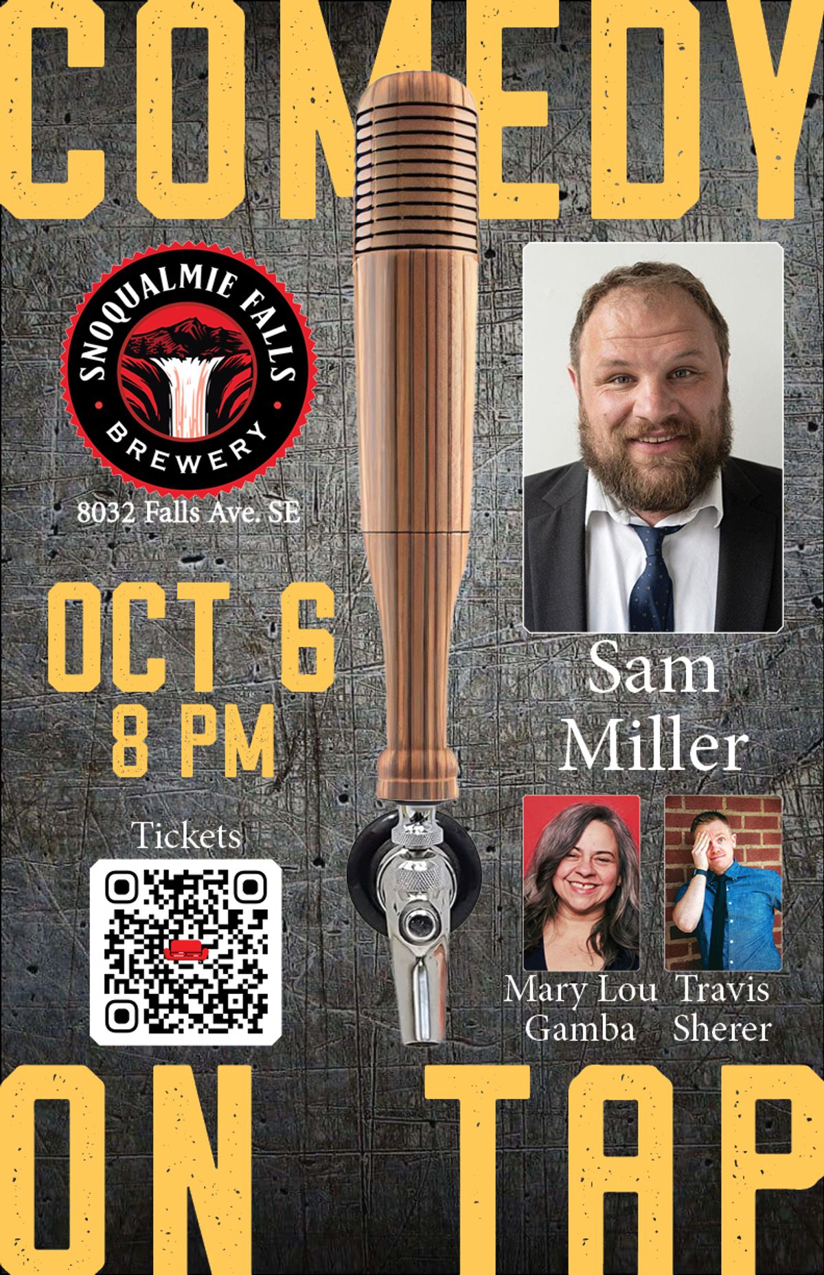 在华盛顿州斯诺库米瀑布酿酒厂和酒吧，与山姆·米勒一起现场欣赏喜剧表演 - 10月6日星期五
