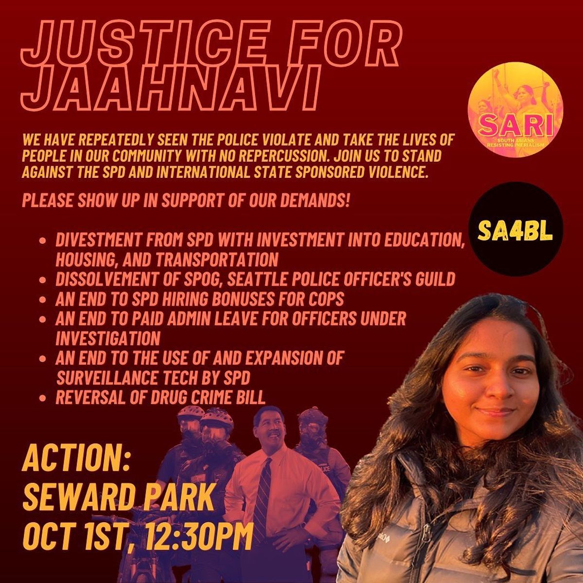 在华盛顿西雅图Seward公园为Jaahnavi伸张正义-星期日,10月1日