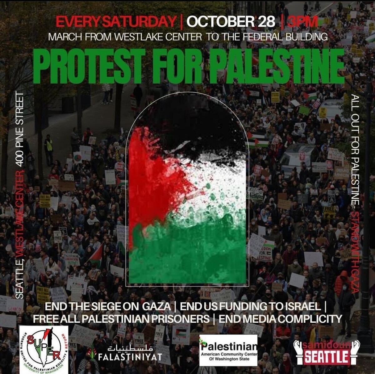 10月28日，星期六，在西雅图的西湖中心举行巴勒斯坦抗议活动
