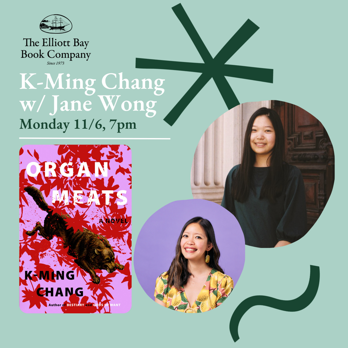K-Ming Chang与Jane Wong将于11月6日星期一在西雅图的Elliott Bay Book Company举办活动