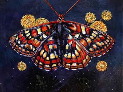 Angelita Martinez's autumn-hued "Quino Checkerspot" is one of the endangered butterflies depicted in the group show <em><a href="https://www.thestranger.com/events/40909159/red-list-moths-and-butterflies">Red List</a></em>.
