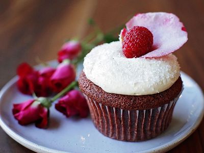 <a href="https://www.thestranger.com/locations?keywords=macrina%20bakery">Macrina Bakery</a>'s red velvet "Cupid Cupcake" is filled with vanilla bean pastry cream and topped with buttercream, sugar, a raspberry, and a sugared rose petal.