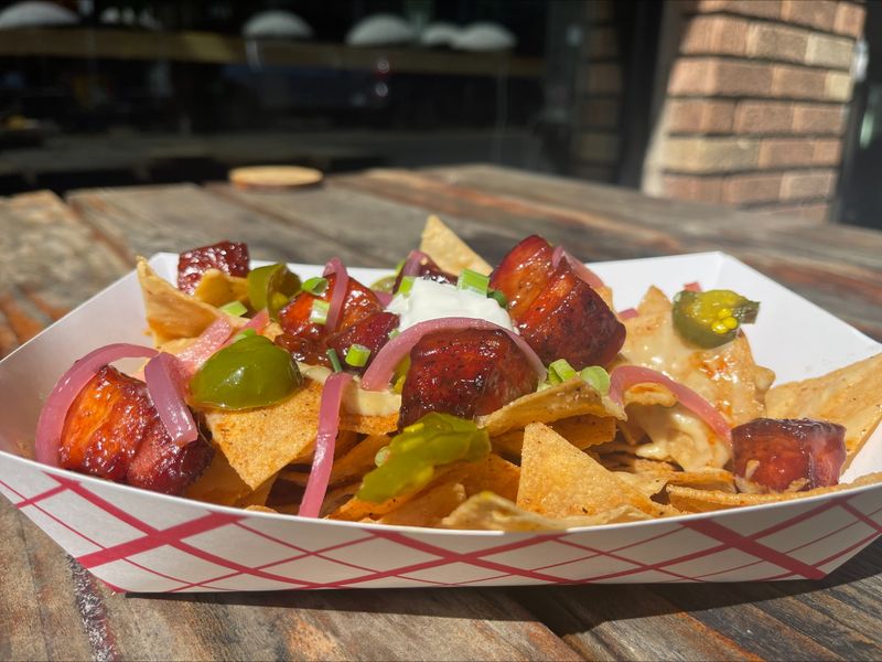 Pork Belly Burnt End, Green Chili Queso Nachos