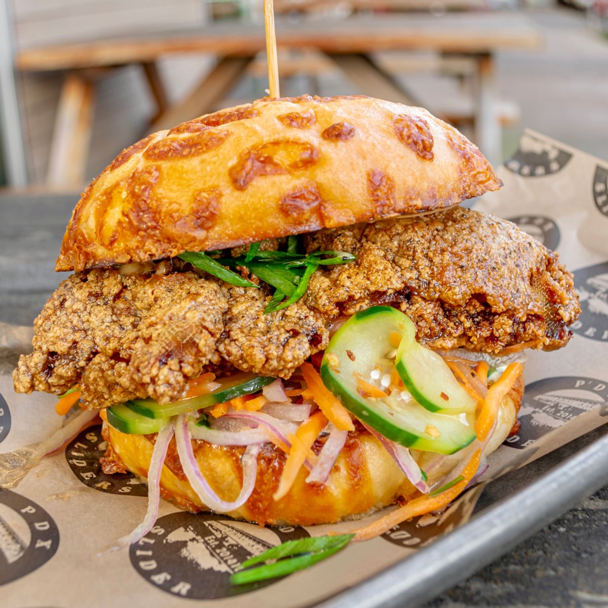 Smoked Crispy Bourbon Chicken Sandwich 🔥🥃 @ PDX Sliders N