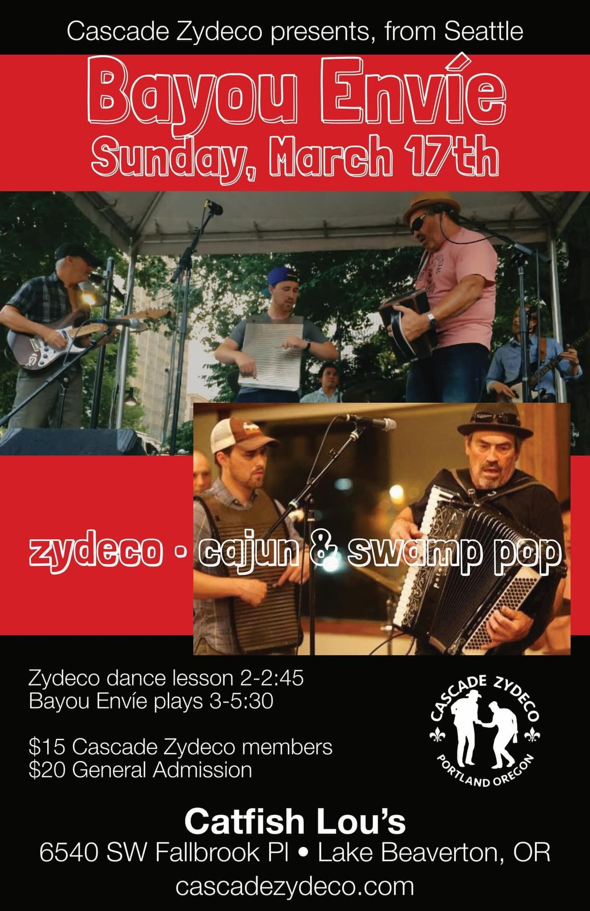 Cascade Zydeco Presents Bayou Envie! at Catfish Lou's in Beaverton, Oregon  - Sunday, March 17 - EverOut Portland